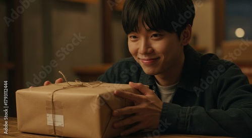 A smiling young man with black hair looks at a brown paperwrapped gift