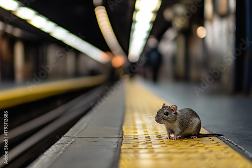 Fototapeta Naklejka Na Ścianę i Meble -  Urban mouse walking along vibrant yellow platform in city railway station, symbol of city wildlife and survival, generative ai