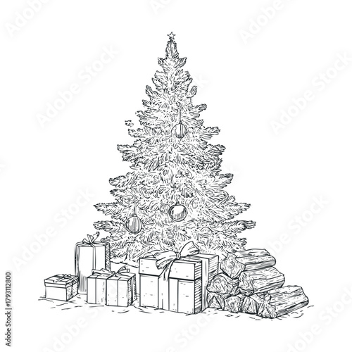 Christmas tree decorated with gifts and logs for winter celebration.Vector hand draw