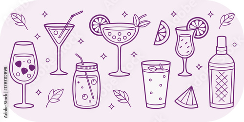 Assortment of Cocktail Glasses and Drinks with Purple Outline on Light Purple Background beverage wine