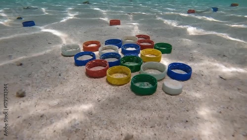 Plastic bottle caps littering the ocean floor, highlighting marine pollution.