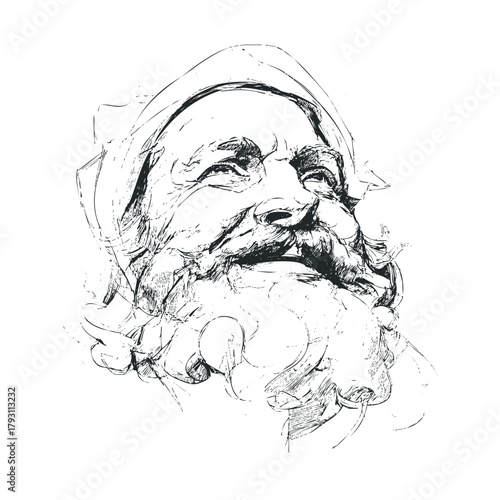Whimsical portrait of a joyful elderly man with a beard.Vector hand draw