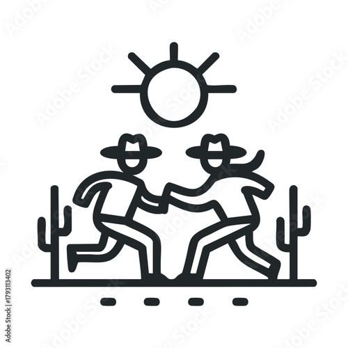 Fun moments of cowboy friendship in a sunny desert landscape.Vectoroutline icon