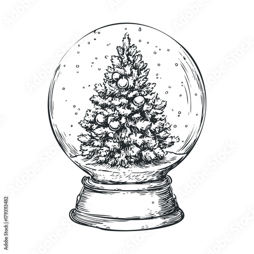 Classic snow globe featuring a decorated Christmas tree design.Vector hand draw