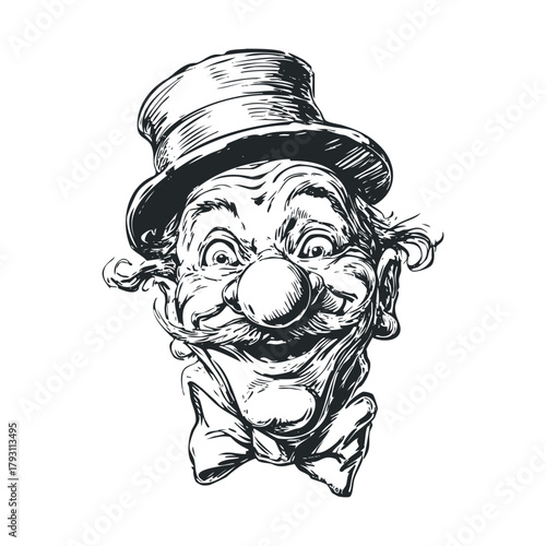 Joyful clown character with a big smile and top hat for celebrations.Vector hand draw