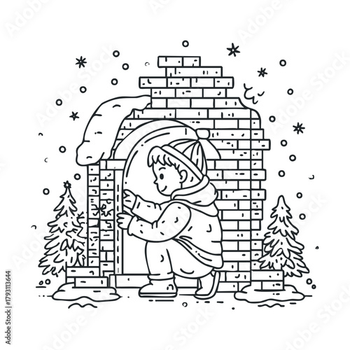 Child building a snow fort during winter playtime outdoors.Vector hand draw