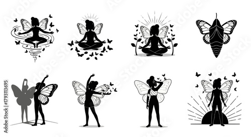 Butterfly Fairy Silhouette Illustration Collection Beautiful Winged Woman Spiritual Artwork Insect Transformation Fantasy Character Nature Serenity