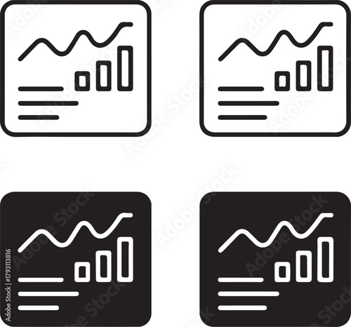 Isolated Analytics Dashboard black vector icon set, analytics dashboard icons, data graph interface report, solid black outline filled minimal thin stroke, business intelligence display symbols
