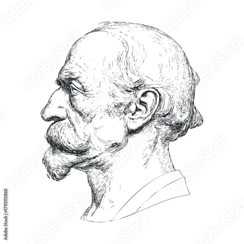 Detailed profile drawing of a distinguished older man with a mustache.Vector hand draw