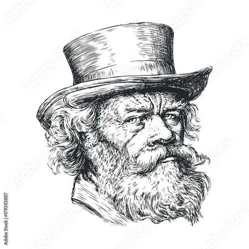 Male figure with curly beard and tall hat in vintage style portrait.Vector hand draw