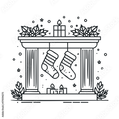 Cozy Christmas fireplace with stockings and holiday decorations.Vector hand draw