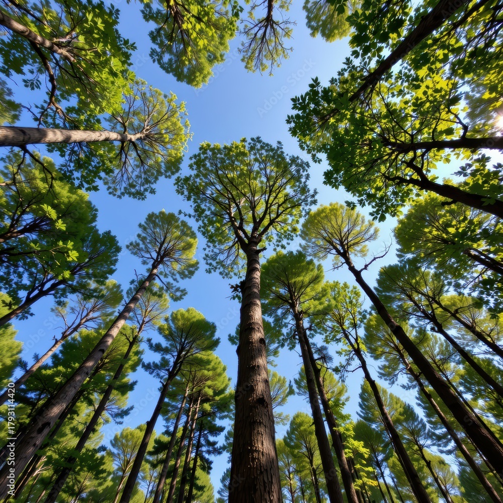 Fototapeta premium Towering Trees Reaching Towards a Clear Blue Sky in a Lush Green Forest