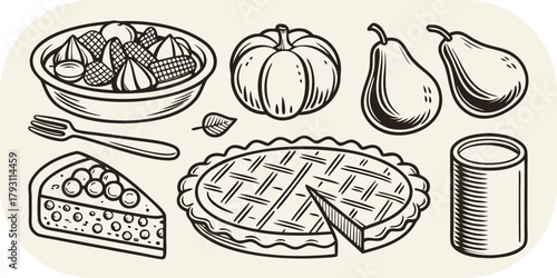 Autumn Harvest Food Illustration with Pie and Fruit Salad pumpkin pears