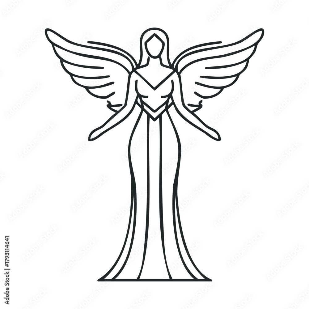 Obraz premium Elegant angel figure with outstretched wings and flowing gown.Vector outline icon