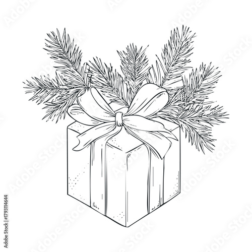 Holiday gift box with pine branches and bow for winter celebrations.Vector hand draw
