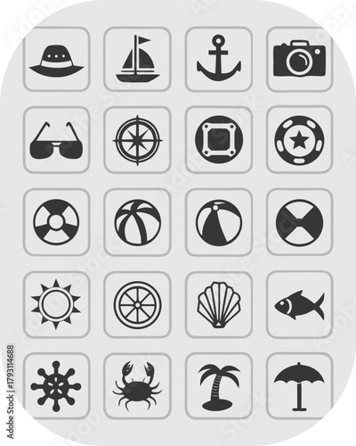 Beach Summer Vacation Icons Gray Silhouette Collection holiday travel