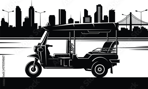 Black silhouette of a tuk against a city skyline rickshaw, tuk, rickshaw, auto rickshaw, three wheeler, vehicle, transportation, city, skyline, silhouette, black and white, urban, street, travel, asia