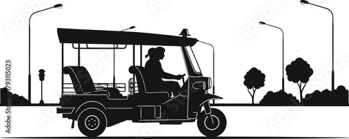 Black silhouette of a tuk with passengers on a street, tuk, rickshaw, auto rickshaw, transportation, vehicle, street, road, driver, passenger, silhouette, black and white, graphic, illustration, trave