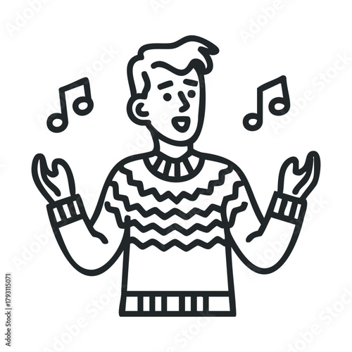 Cheerful man singing with musical notes around him in a cozy sweater.Vector outline icon