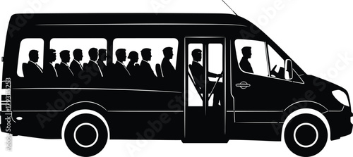 Black silhouette of a van with passengers and driver, van, bus, vehicle, transportation, silhouette, black and white, passengers, driver, people, interior, travel, commute, transport, group, journey, 