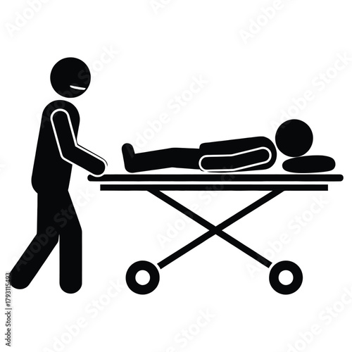 Silhouette of a person pushing a patient on a medical gurney with wheels in a hospital or clinic setting