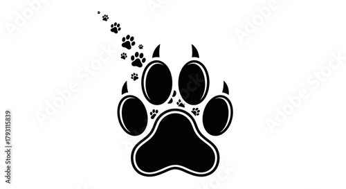 Captivating black paw prints trail upwards from a large central paw, symbolizing journey, growth, and animal companionship in a clean, modern design.
