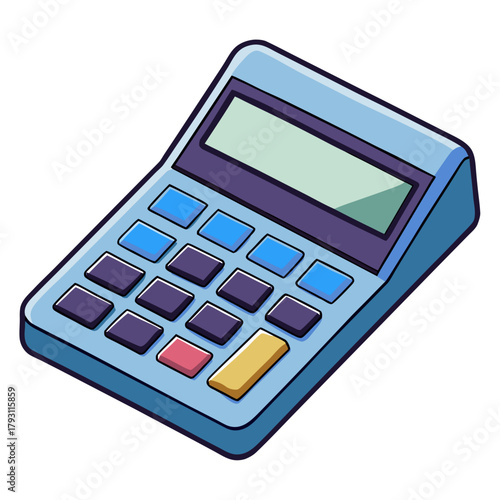 Blue calculator with buttons and digital screen isolated on white