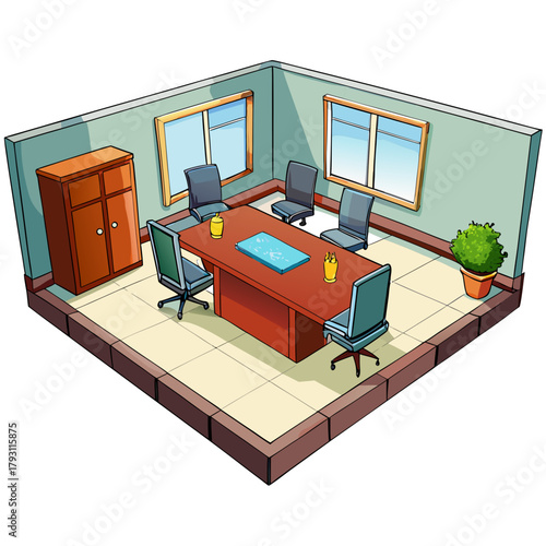 Modern office meeting room with table, chairs, and cabinet.