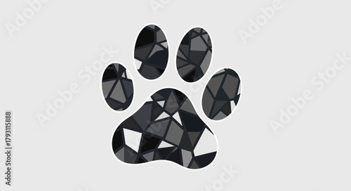 Modern geometric paw print design with abstract polygonal shapes in grayscale, perfect for pet brands and animal lovers seeking a contemporary aesthetic.