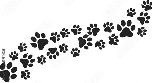 Playful black paw prints march across a clean white background creating a dynamic and cheerful visual for pet related themes and designs.