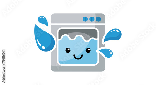 Adorable cartoon washing machine with water droplets conveying freshness and cleanliness