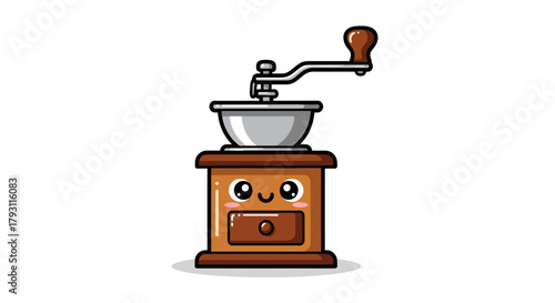 Adorable coffee grinder illustration featuring a cute cartoon face on a brown base