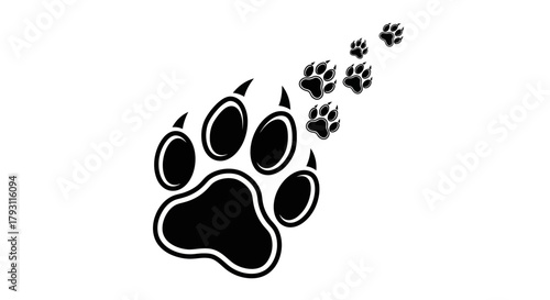Dynamic black paw prints trail across white background, suggesting wild movement and adventure