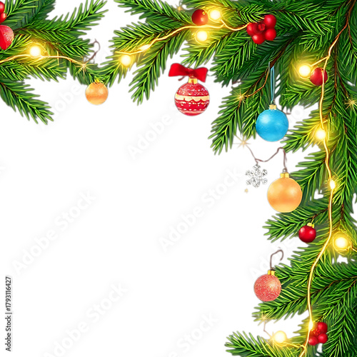 Christmas holiday border frame with green fir branches, red balls, and gold ornaments