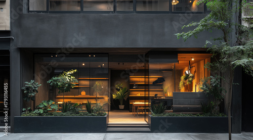 Fototapeta Naklejka Na Ścianę i Meble -  Mockup storefront, shop facade and window. Template for storefront window, classic boutique design. Empty window, retail front, store facade, traditional storefront style. Realistic style photo