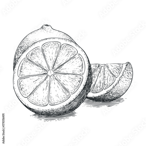 Fresh lemon slices for culinary use and healthy recipes.Vector hand draw