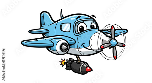 Animated cheerful bomber plane with mischievous smile and a ready to drop payload