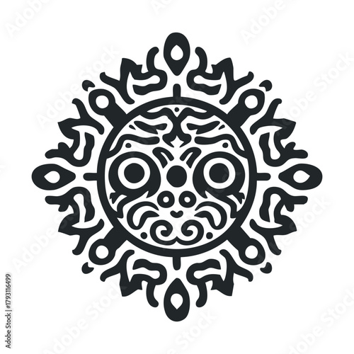 Tribal sun emblem with intricate patterns and symbolism.Vector hand draw