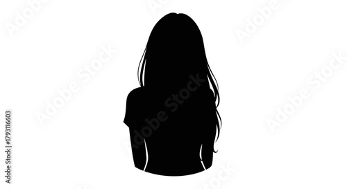 Back view silhouette of a woman with wavy dark hair on a bright background scene