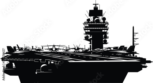 Black silhouette of aircraft carrier with fighter jets and helicopter, aircraft carrier, navy, military, ship, warship, aviation, airplane, jet, helicopter, flight deck, silhouette, black and white, g