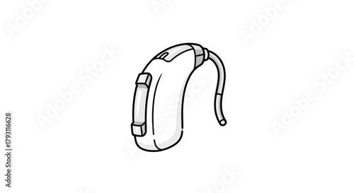 Behind the ear hearing aid outline showcases a white hearing device with a small tube