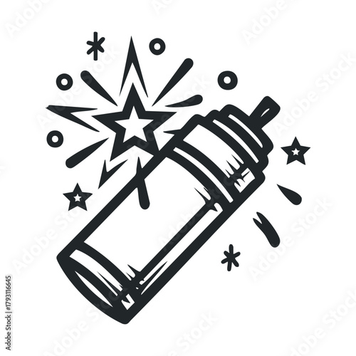 Fun party popper with colorful stars and burst design for celebration.Vector hand draw