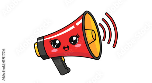 Captivating cartoon megaphone character with expressive eyes and emanating sound waves
