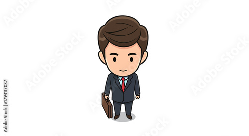 Cartoon businessman character holding briefcase, embodying professional, polished aesthetic