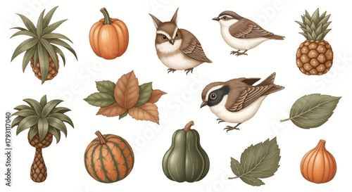 Botanical autumn harvest arrangement with birds and pumpkins tropical fruits and foliage
