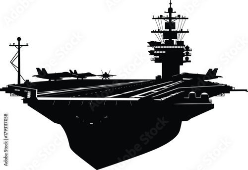 Black silhouette of an aircraft carrier with fighter jets on deck, aircraft carrier, silhouette, black and white, fighter jet, airplane, naval, military, warship, deck, flight deck, aviation, transpor
