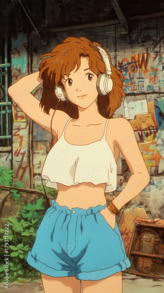 Naklejka premium Casual young woman in summer attire, wearing headphones and smiling, vibrant outdoor setting with lush greenery for relaxation theme.