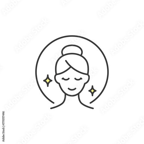 Clean face icon with glowing skin and peaceful expression, ideal for skincare logo, spa branding, or wellness visuals. Minimalist design fits beauty product themes and self-care content.