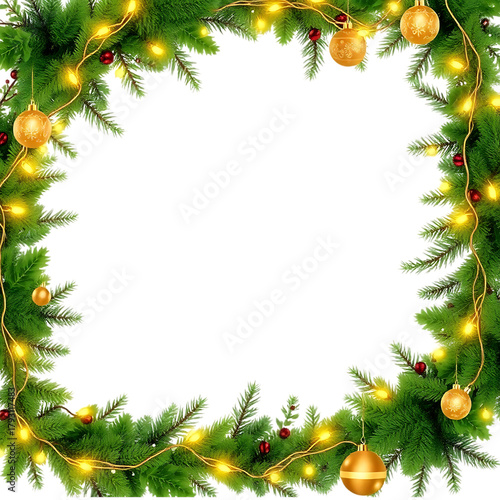 Christmas frame border with fir tree branches and holiday balls, vector illustration design