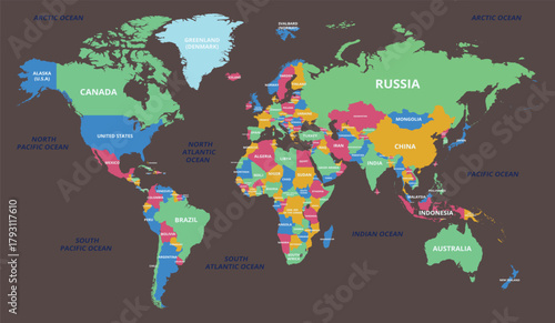 world map with states names on brown background